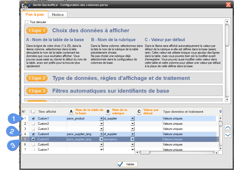 Custom fields, tuto 2 - image 2 - Adding and configuring three custom columns to read supplier information